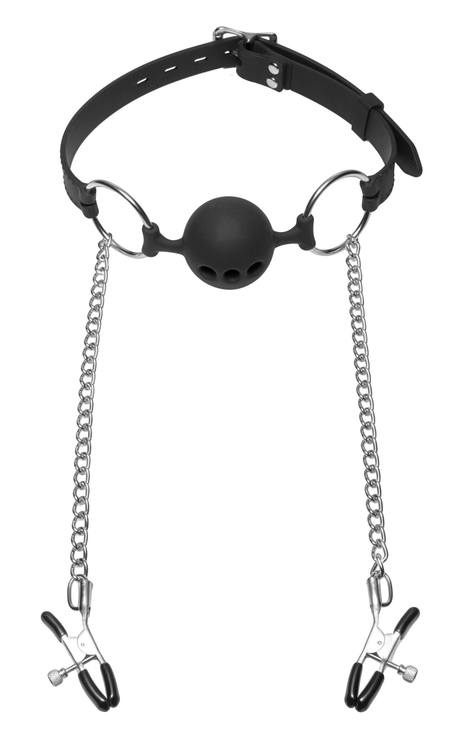 Hinder Breathable Silicone Ball Gag With Nipple Clamps - Black