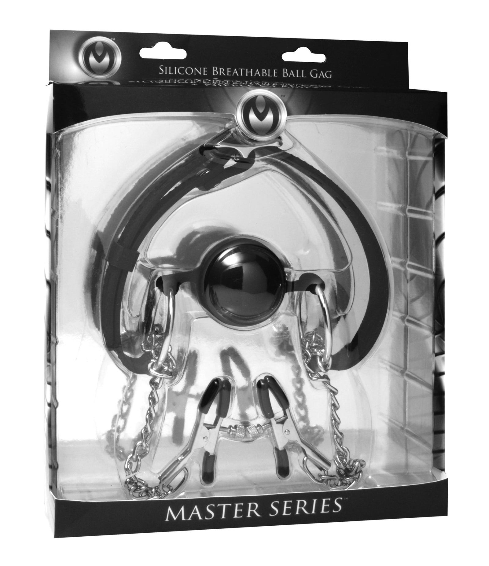 Hinder Breathable Silicone Ball Gag With Nipple Clamps - Black