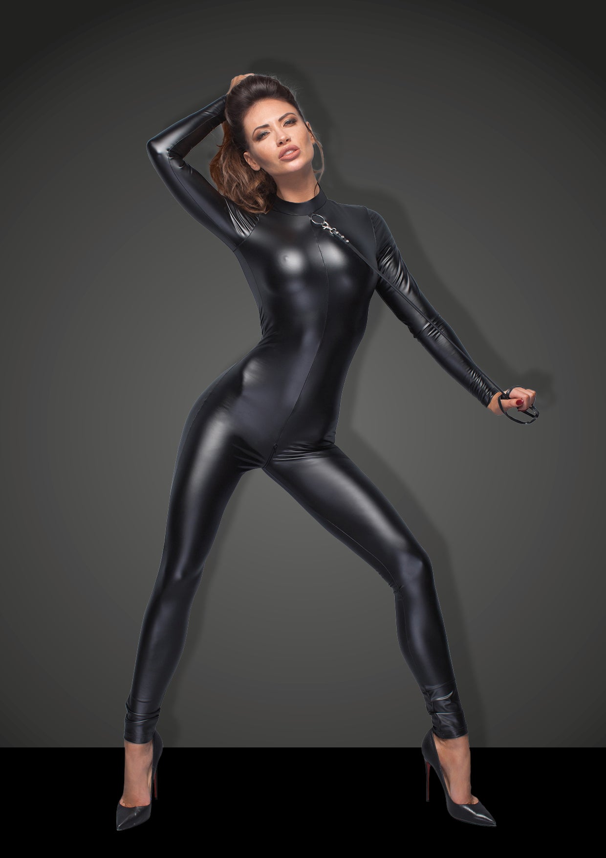 Power Wetlook Overall With Leash And 2 Way Zipper - Black