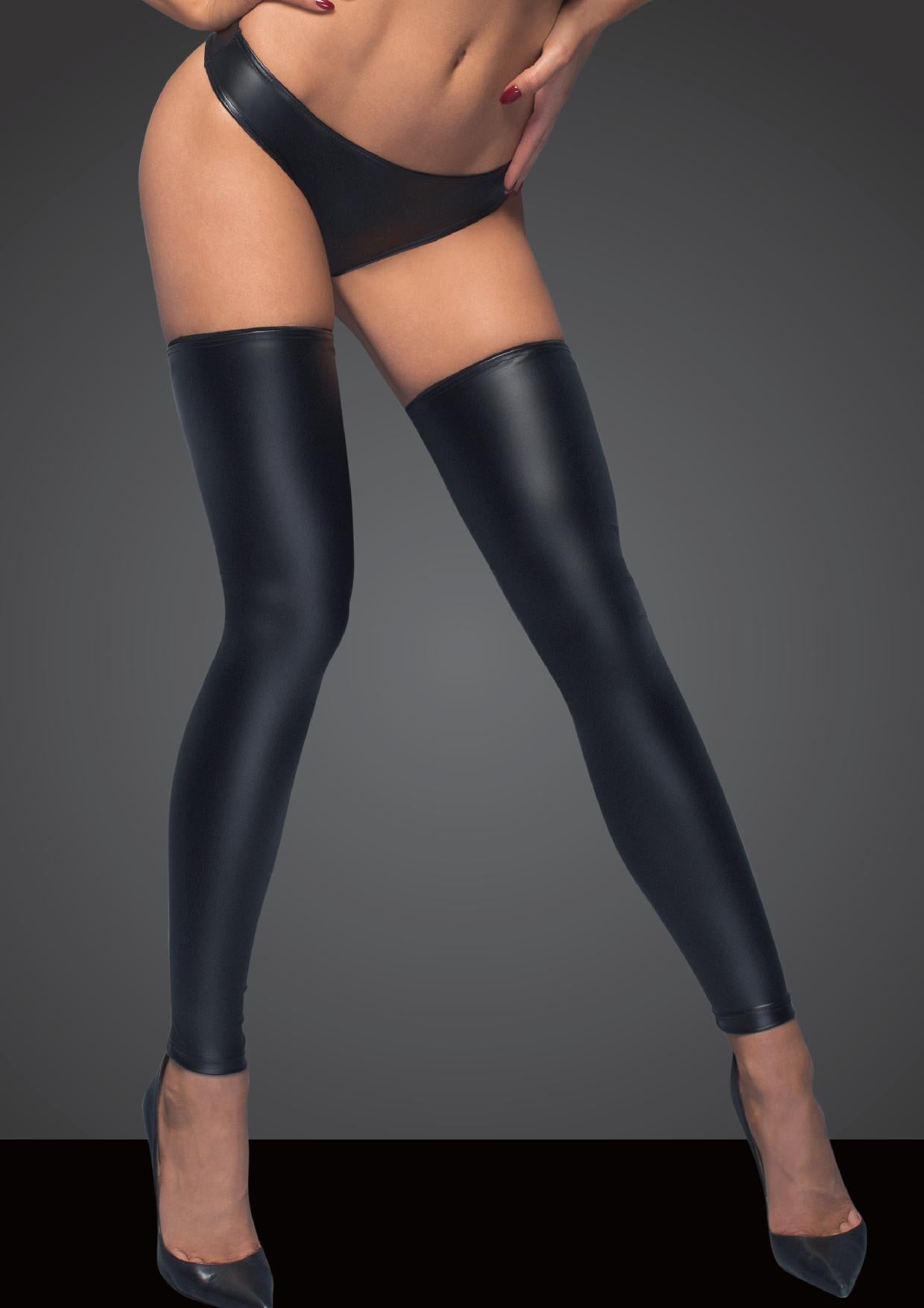 Power Wetlook Stockings And Panties With Silver Zipper - Black