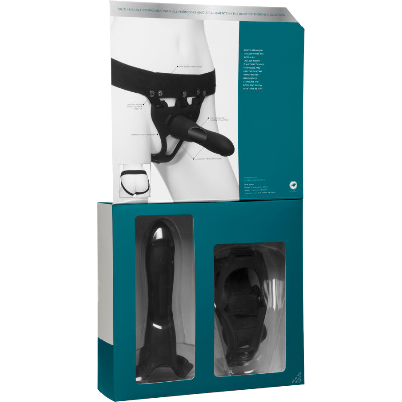 Be Strong 7.5in Slim Dong 2 Pc Hollow Silicone Strap-On Set  - Black