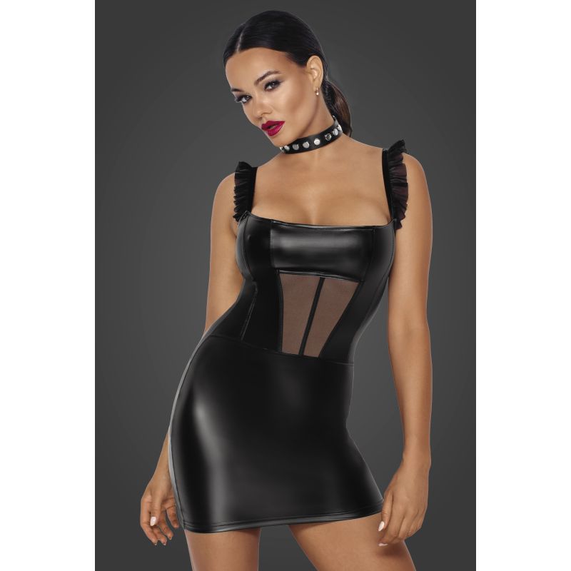 Power Wetlook Short Dress w Front Tulle Inserts - Black