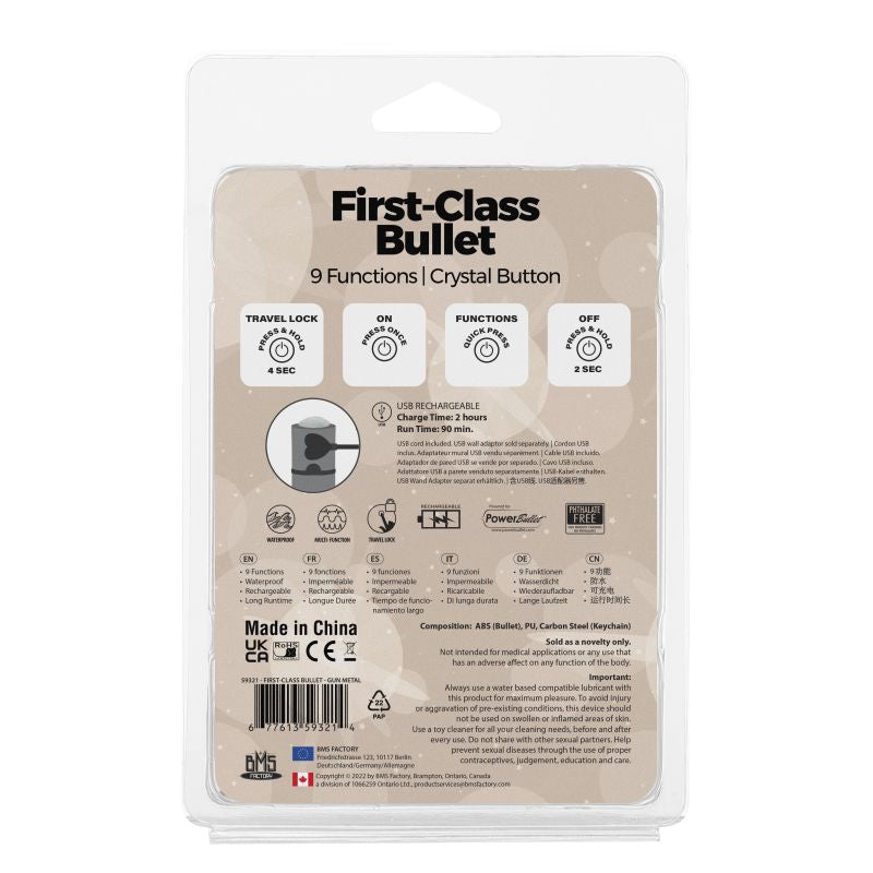 Power Bullet First Class 6cm Rechargeable w Crystal Gun Metal  - Gun Metal