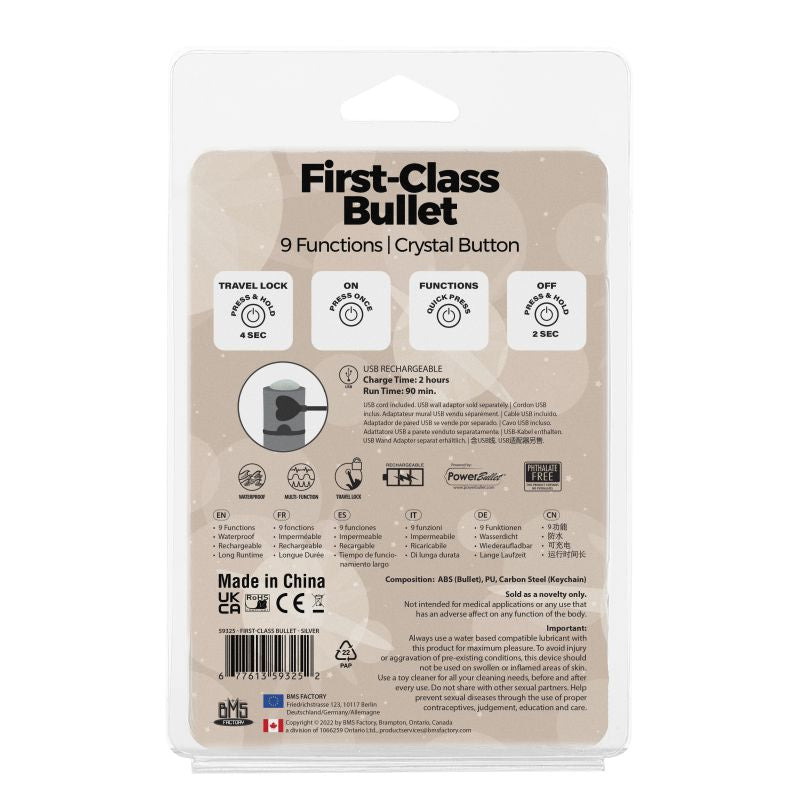 Power Bullet First Class 6cm Rechargeable w Crystal Silver - Silver