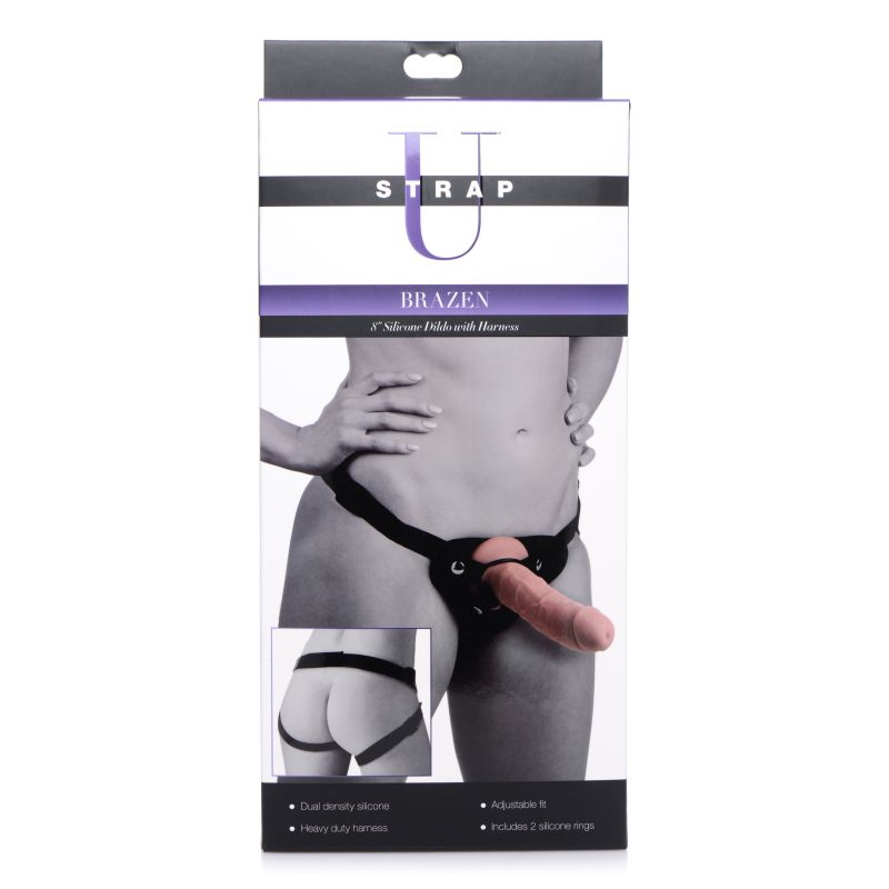 Brazen 8" Silicone Dildo w Harness Flesh - Flesh