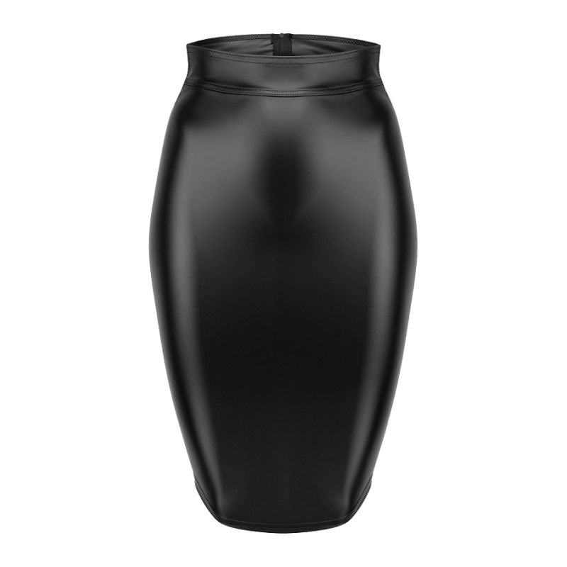 Power Wetlook Pencil Skirt w Long Zipper - Black