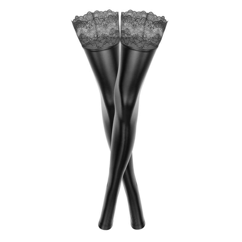 Power Wetlook Stockings w Siliconed Lace - Black