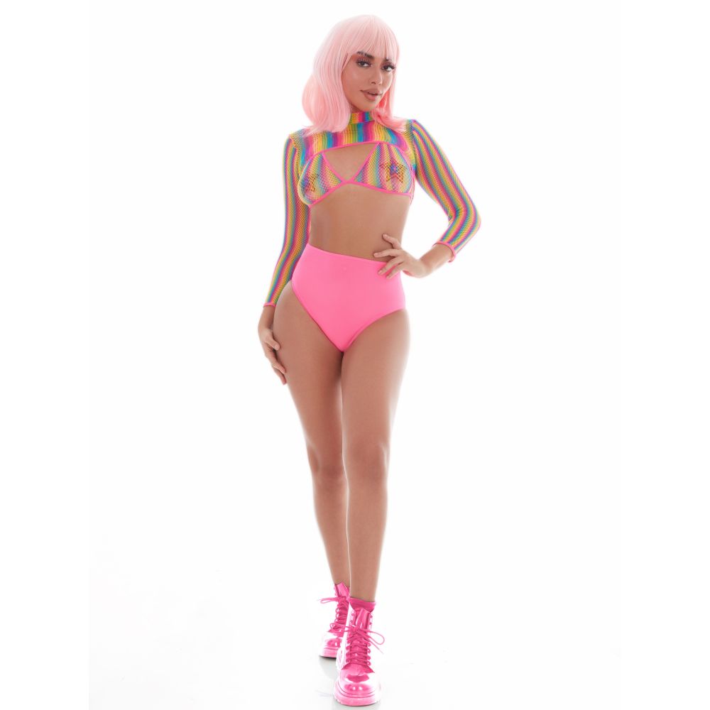 Rainbow Shrug Bikini Top Hot Pants Net Set incl Pasties - Rainbow